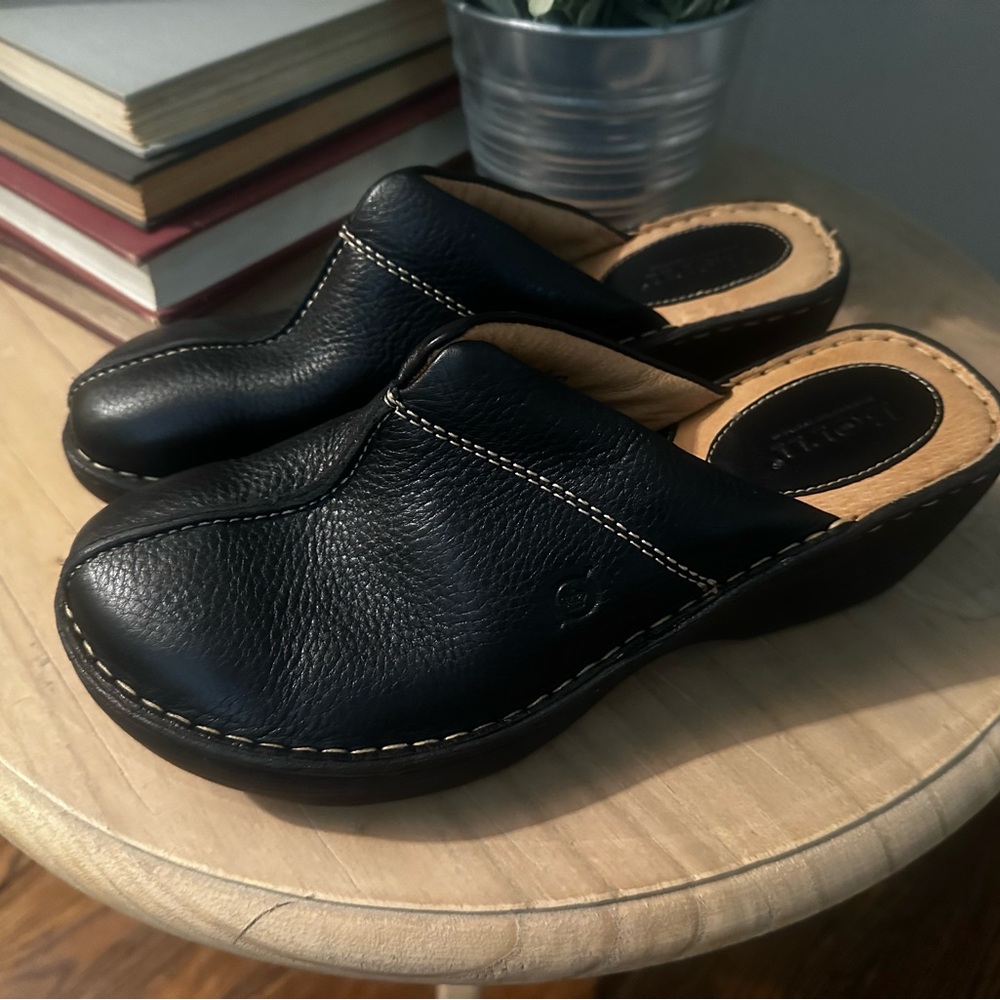 Born black leather clogs, size 10, like new condition.